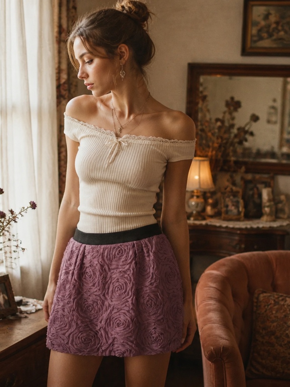 Y2k J.Crew Size 4 Purple Rosette Tuelle Mini Skirt Floral Party Ballet Croquette